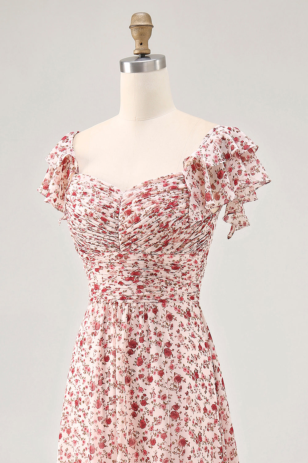 Blush Ruffled Floral Chiffon A Line Maxi Wedding Guest Dress with Slit