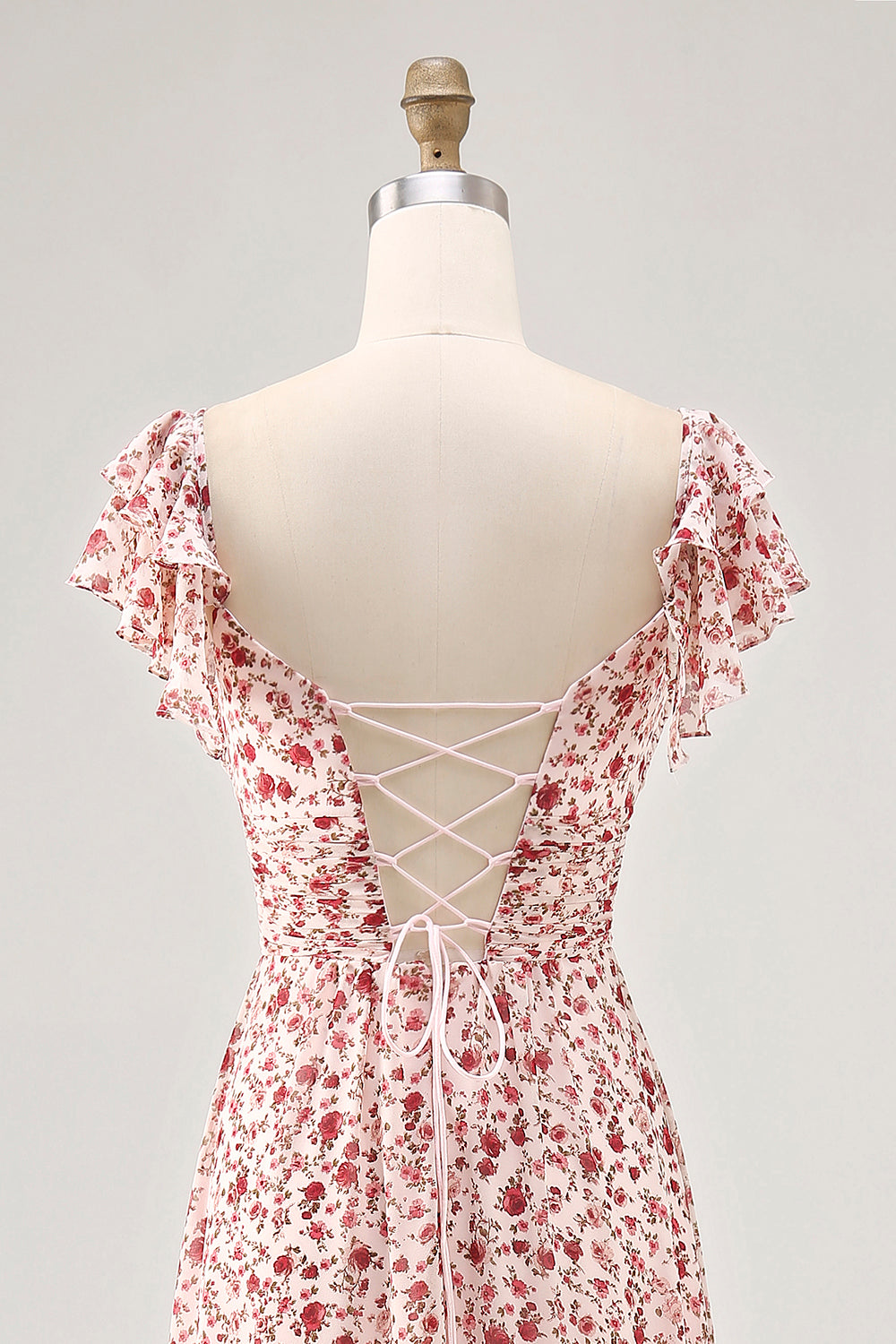 Blush Ruffled Floral Chiffon A Line Maxi Wedding Guest Dress with Slit