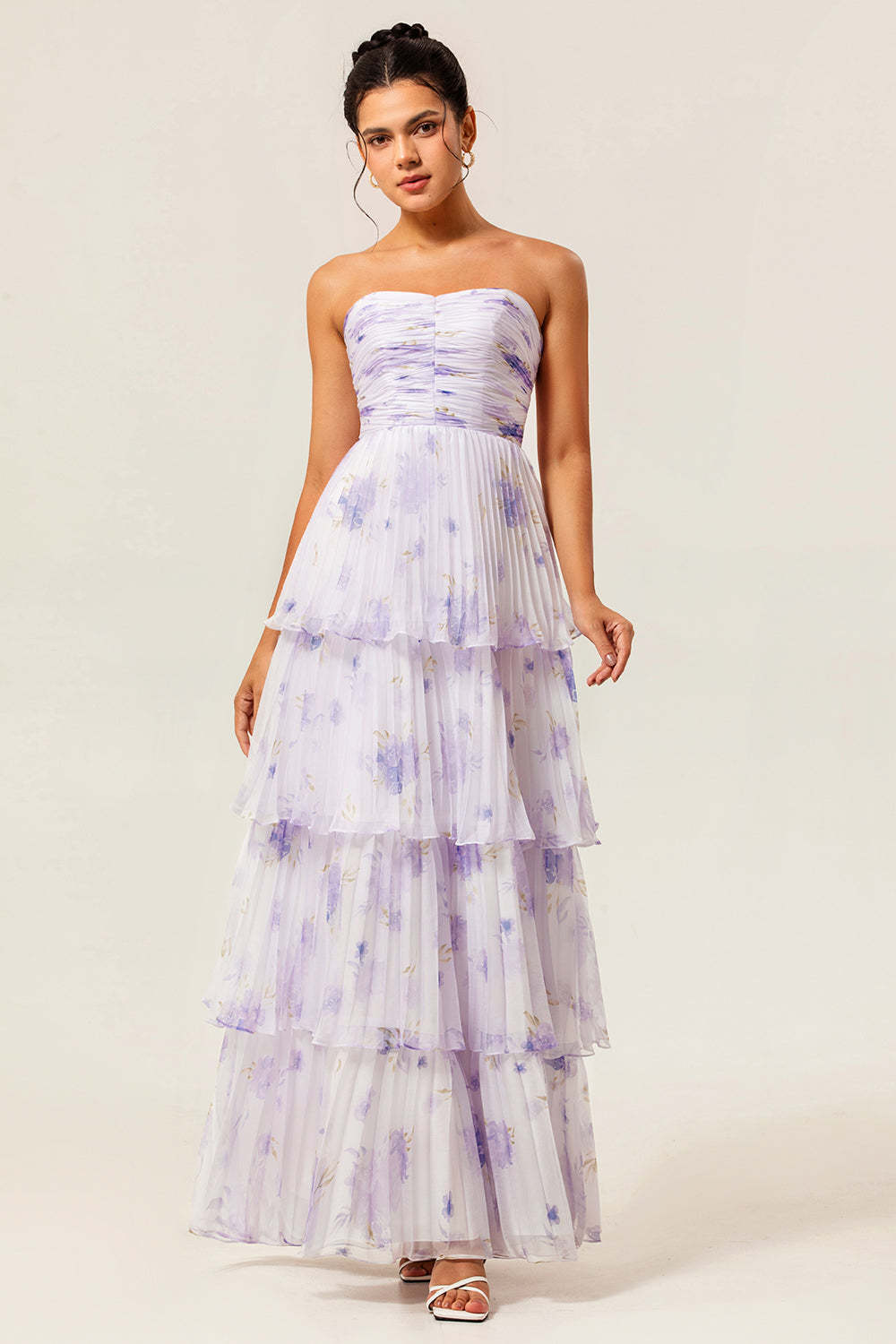Leely Women Lavender Floral Long Chiffon Bridesmaid Dress with Ruffles Strapless A Line Ruched Tiered Wedding Guest Dress with Pleats