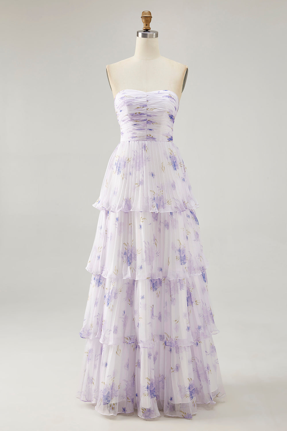 Lavender Floral Strapless Pleated Maxi A Line Bridesmaid Dress with Ruffles