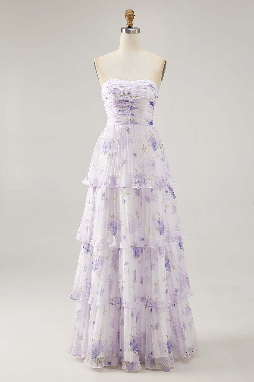 Lavender Floral A Line Maxi Pleated Bridesmaid Dress with Ruffles
