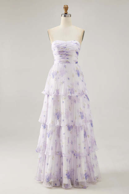 Lavender Floral A Line Maxi Pleated Bridesmaid Dress with Ruffles