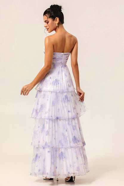 Lavender Floral A Line Maxi Pleated Bridesmaid Dress with Ruffles