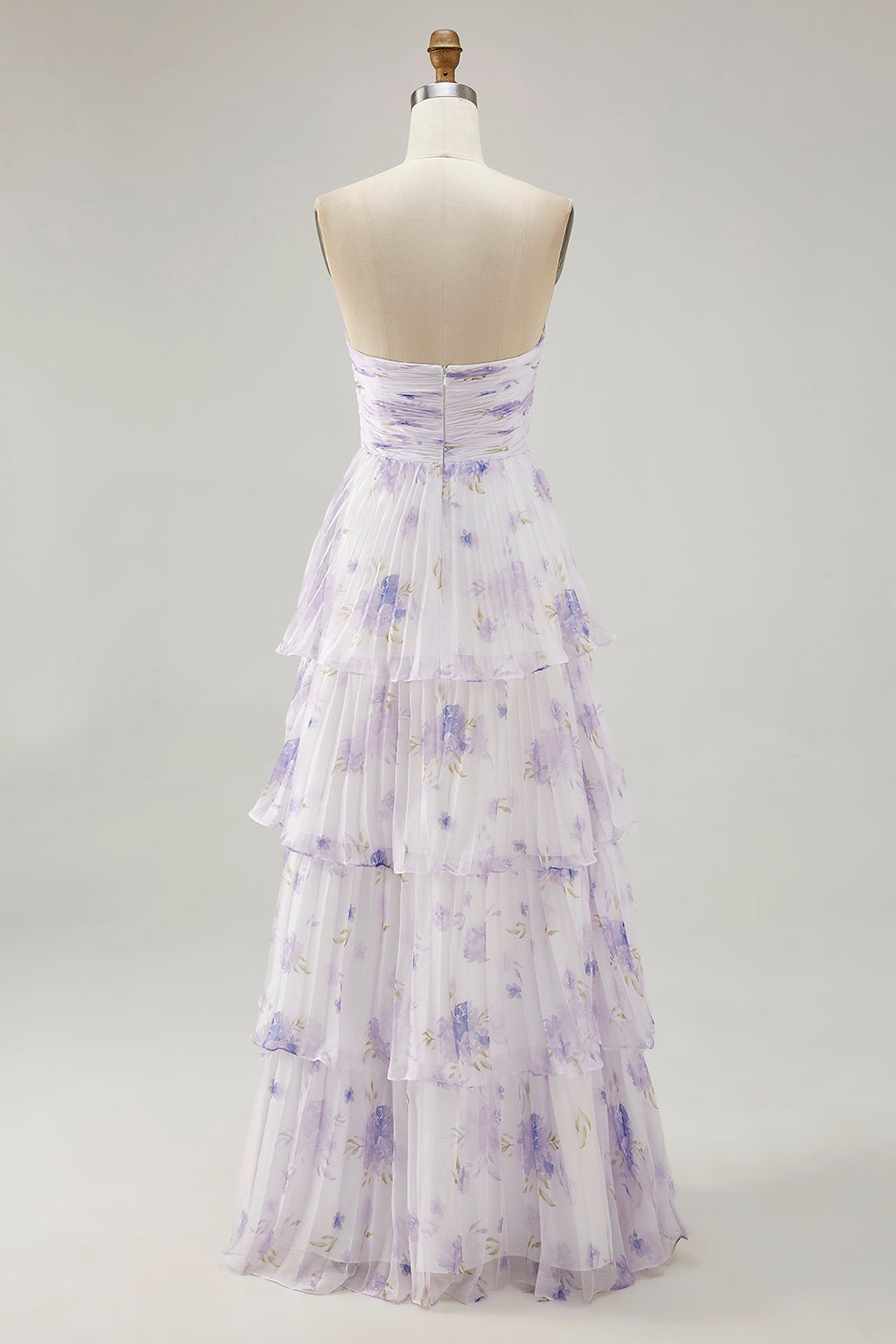 Lavender Floral Strapless Pleated Maxi A Line Bridesmaid Dress with Ruffles