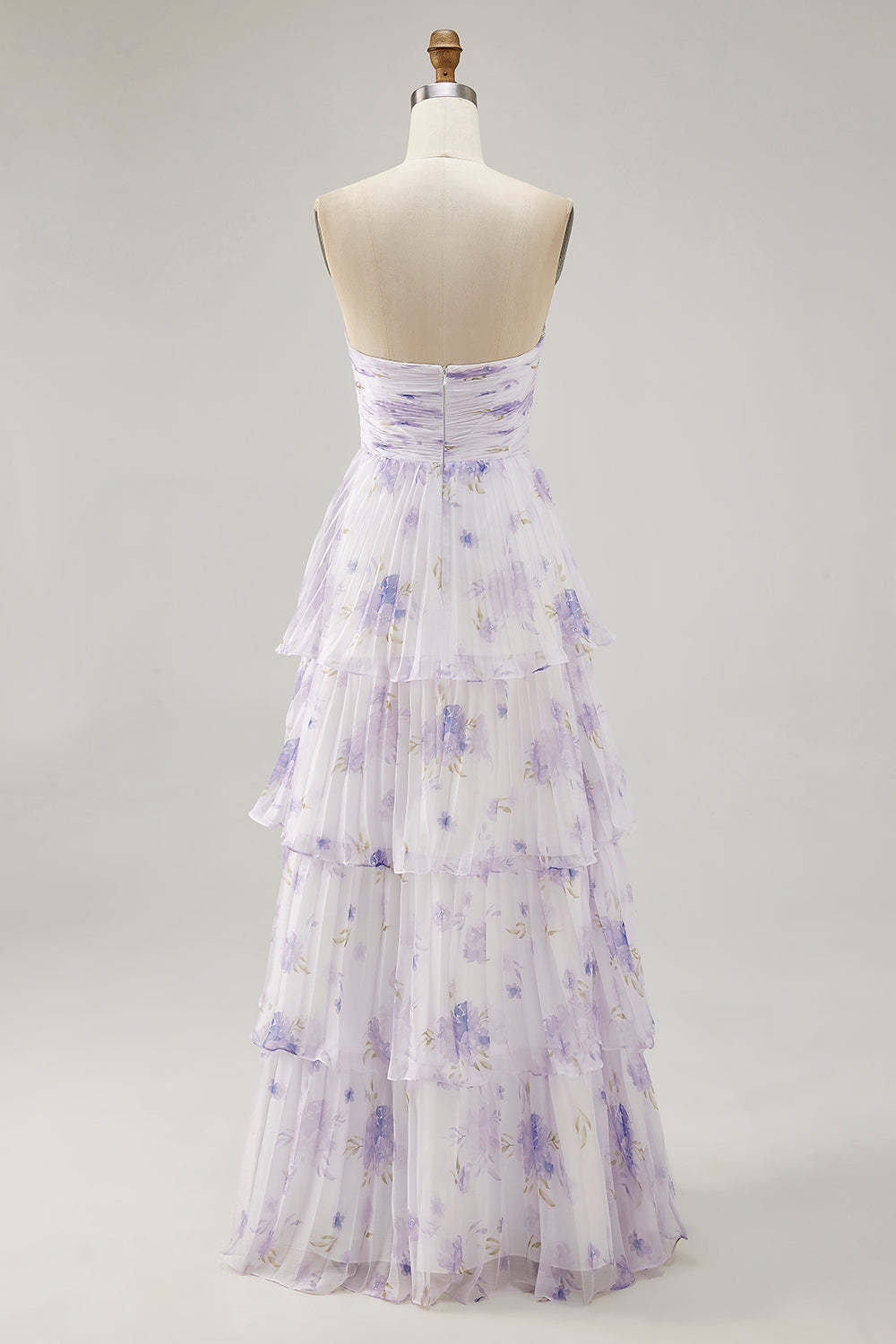 Lavender Floral A Line Maxi Pleated Bridesmaid Dress with Ruffles