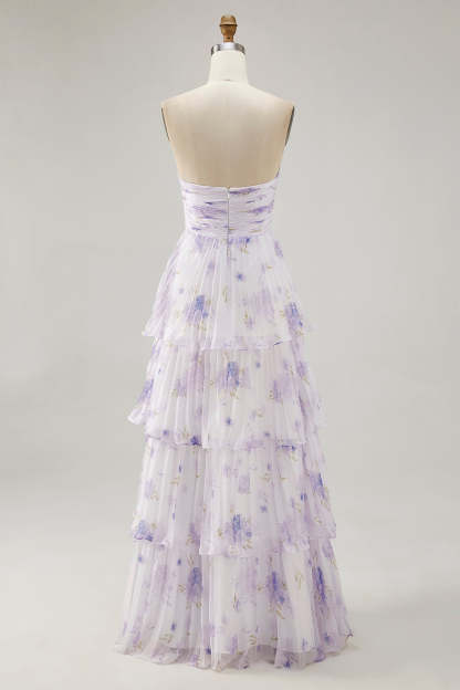 Lavender Floral A Line Maxi Pleated Bridesmaid Dress with Ruffles