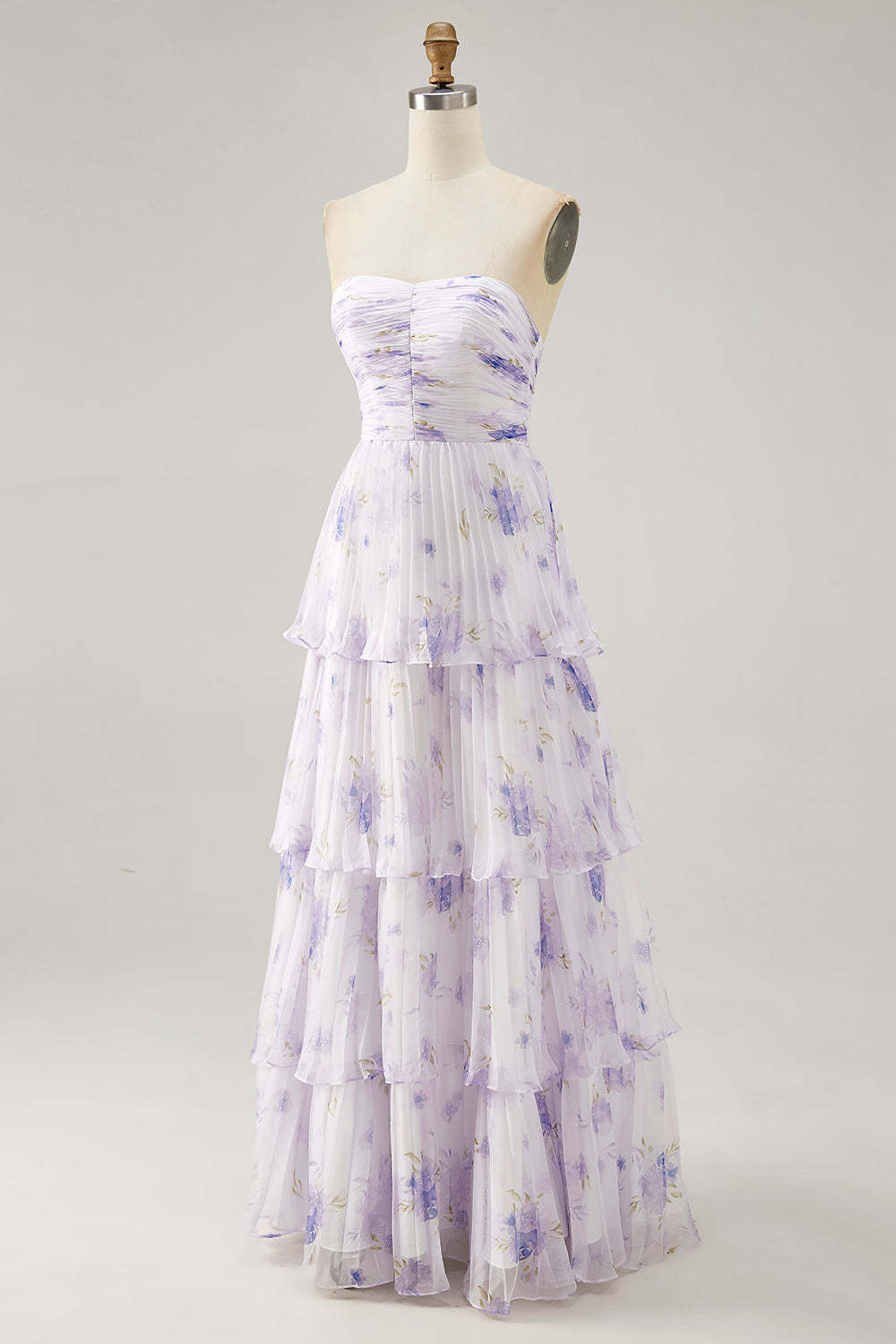 Lavender Floral Strapless Pleated Maxi A Line Bridesmaid Dress with Ruffles