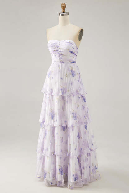 Lavender Floral Strapless Pleated Maxi A Line Bridesmaid Dress with Ruffles