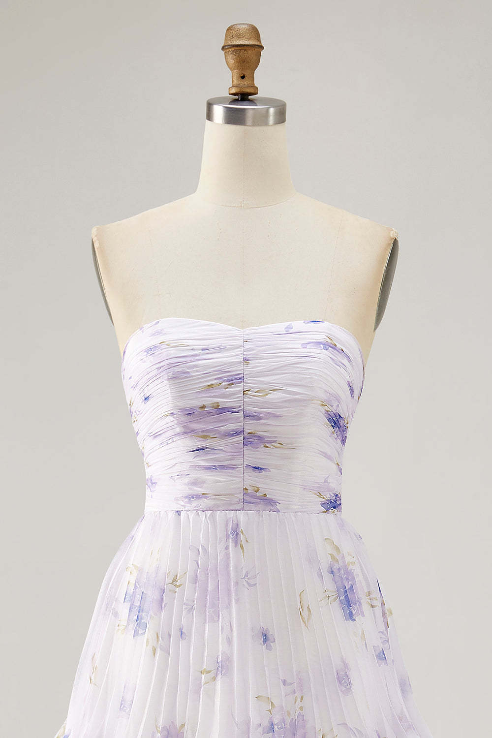 Lavender Floral Strapless Pleated Maxi A Line Bridesmaid Dress with Ruffles