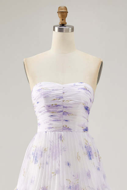 Lavender Floral Strapless Pleated Maxi A Line Bridesmaid Dress with Ruffles