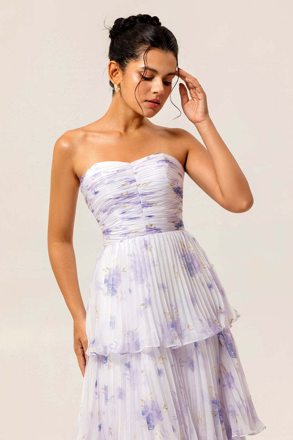 Lavender Floral A Line Maxi Pleated Bridesmaid Dress with Ruffles