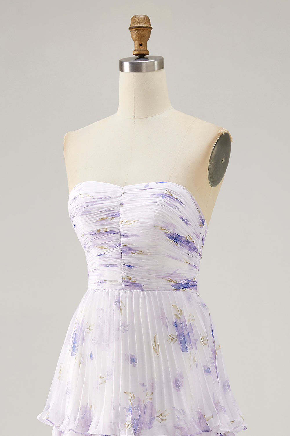 Lavender Floral Strapless Pleated Maxi A Line Bridesmaid Dress with Ruffles