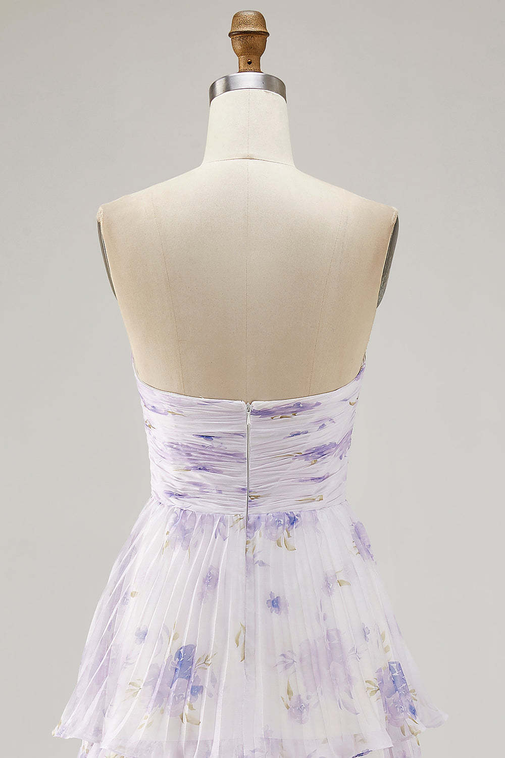 Lavender Floral Strapless Pleated Maxi A Line Bridesmaid Dress with Ruffles