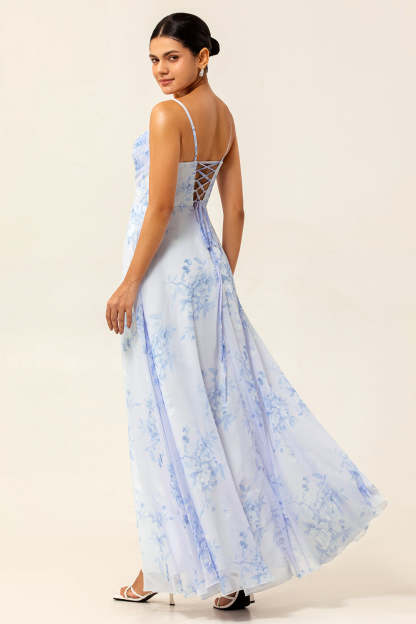 Blue Flower Chiffon Spaghetti Straps Maxi Bridesmaid Dress with Slit