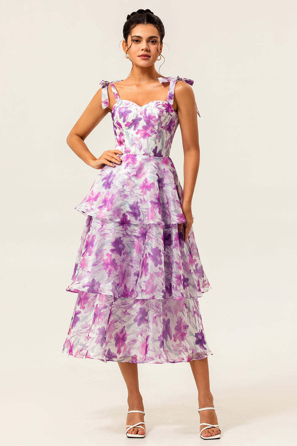 Leely Women Purple Flower Midi Wedding Guest Dress with Ruffles Tiered A Line Lace-Up Back Bridesmaid Dress