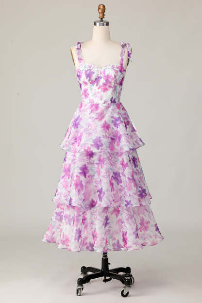 Purple Flower Ruffled Tiered A Line Midi Wedding Guest Dress
