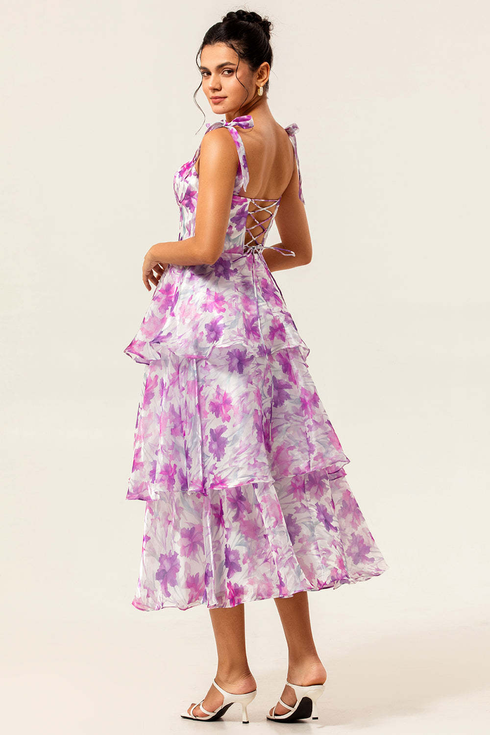 Purple Flower Ruffled Tiered A Line Midi Wedding Guest Dress