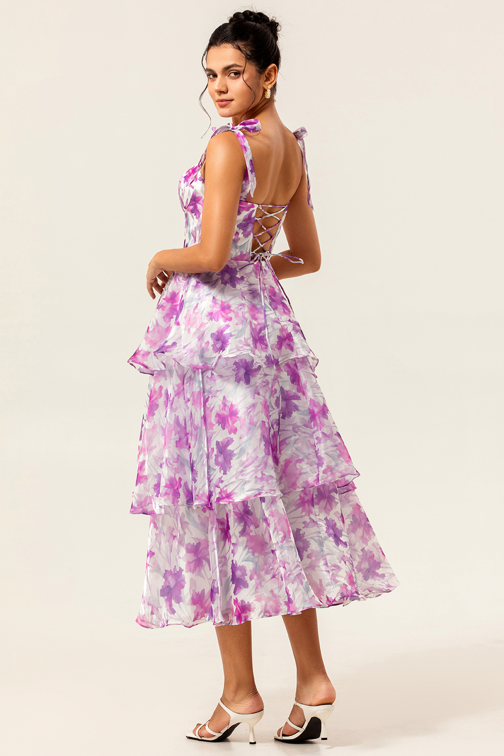 Purple Flower A Line Midi Tiered Wedding Guest Dress with Ruffles