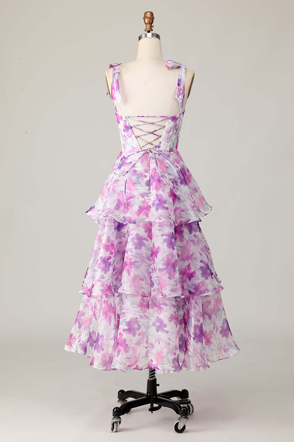 Purple Flower Ruffled Tiered A Line Midi Wedding Guest Dress