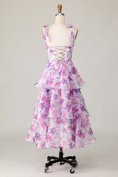 Purple Flower Ruffled Tiered A Line Midi Wedding Guest Dress