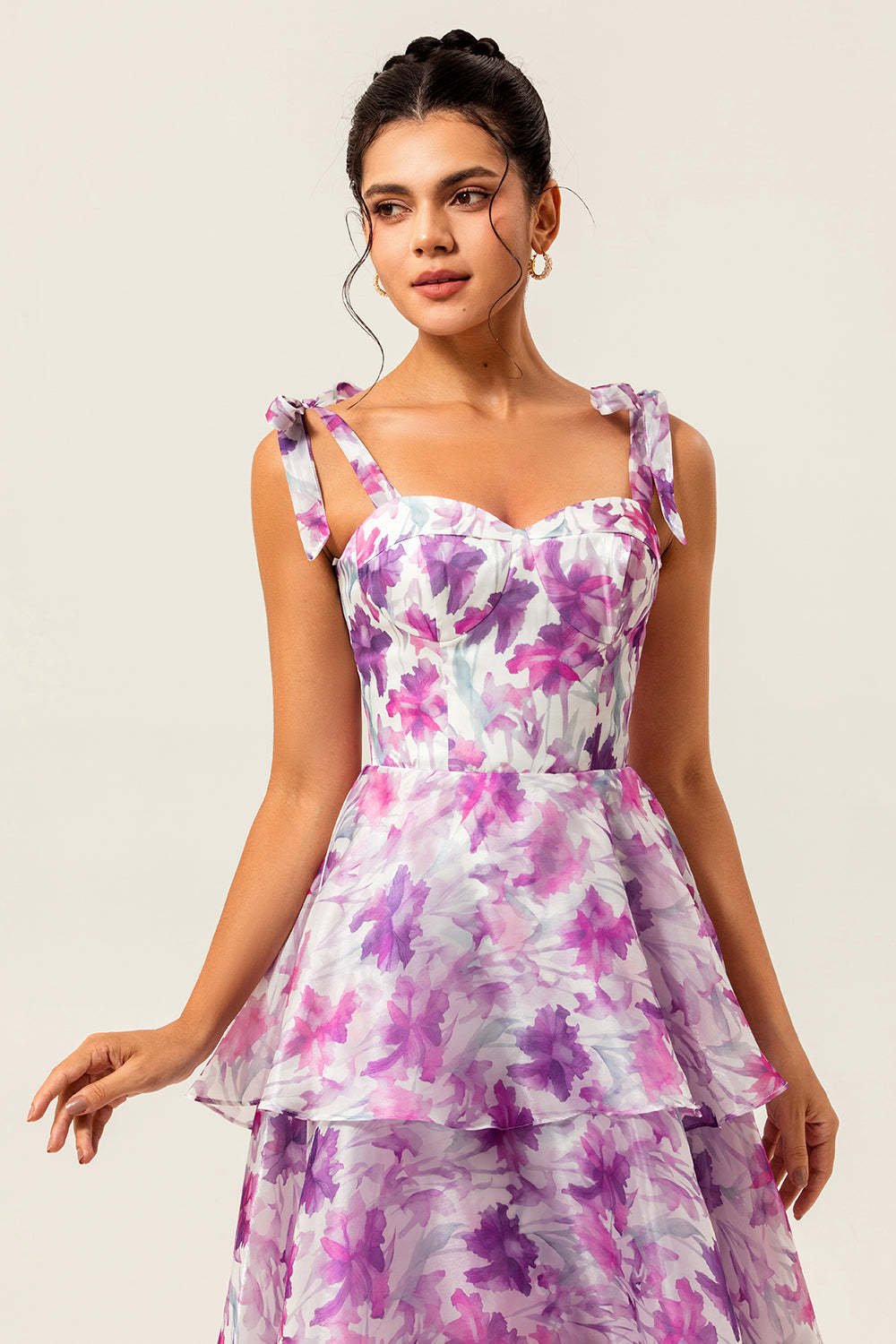 Purple Flower Ruffled Tiered A Line Midi Wedding Guest Dress