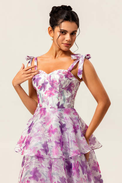 Purple Flower Ruffled Tiered A Line Midi Wedding Guest Dress