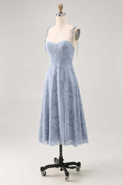 Dusty Blue Lace A Line Midi Wedding Guest Dress with Slit