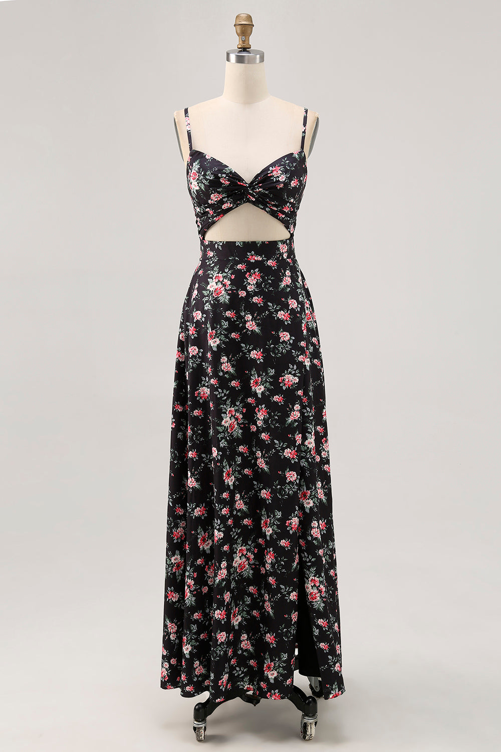 Leely Women Black Floral Maxi Wedding Guest Dress with Slit Cut Out A Line Ruched Spaghetti Straps Bridesmaid Dress with Bow