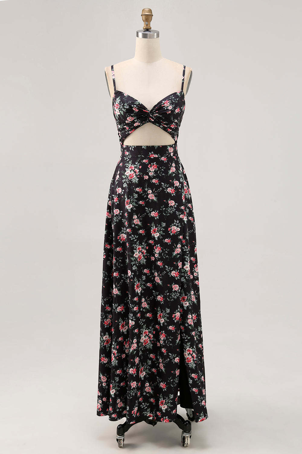 Leely Women Black Floral Maxi Wedding Guest Dress with Slit Cut Out A Line Ruched Spaghetti Straps Bridesmaid Dress with Bow