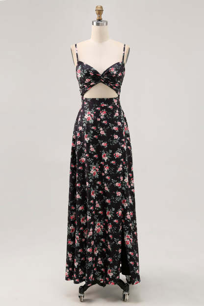 Leely Women Black Floral Maxi Wedding Guest Dress with Slit Cut Out A Line Ruched Spaghetti Straps Bridesmaid Dress with Bow