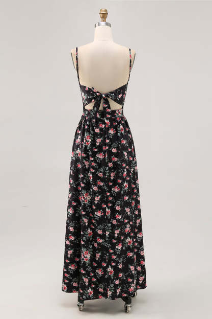 Black Floral Cut Out A Line Maxi Wedding Guest Dress with Slit