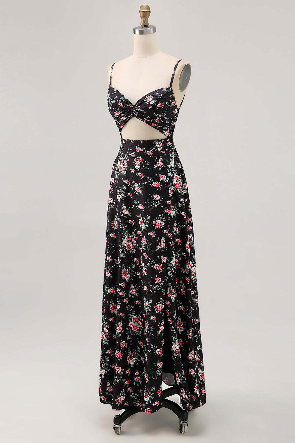 Black Floral Cut Out A Line Maxi Wedding Guest Dress with Slit