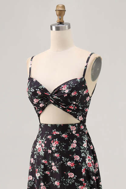 Black Floral Cut Out A Line Maxi Wedding Guest Dress with Slit