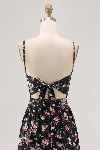 Black Floral Cut Out A Line Maxi Wedding Guest Dress with Slit