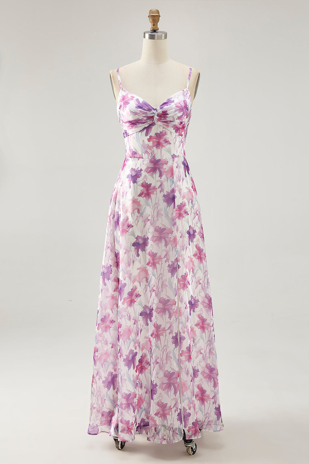 Maxi Purple Floral Chiffon Ruched Spaghetti Straps Wedding Guest Dress