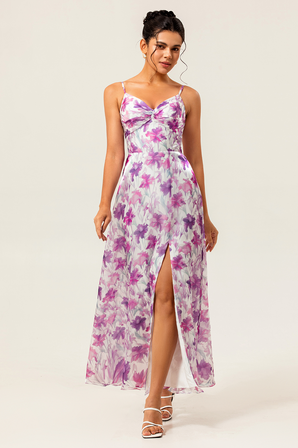 Maxi Purple Floral Chiffon Ruched Spaghetti Straps Wedding Guest Dress