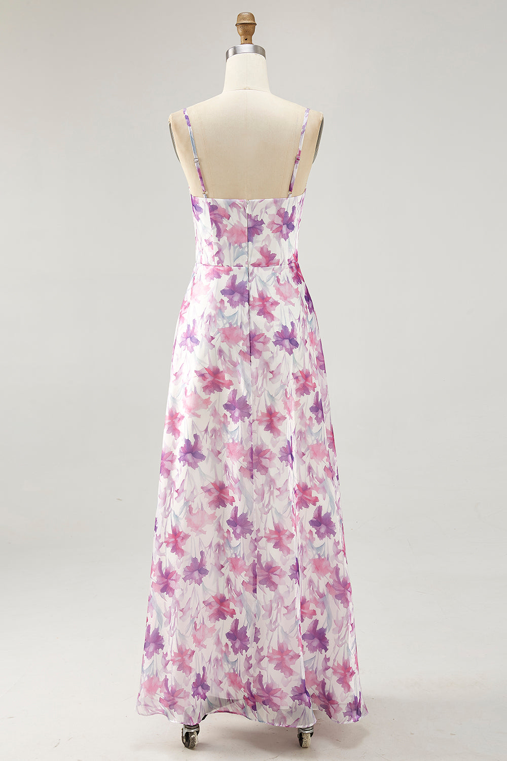 Maxi Purple Floral Chiffon Ruched Spaghetti Straps Wedding Guest Dress
