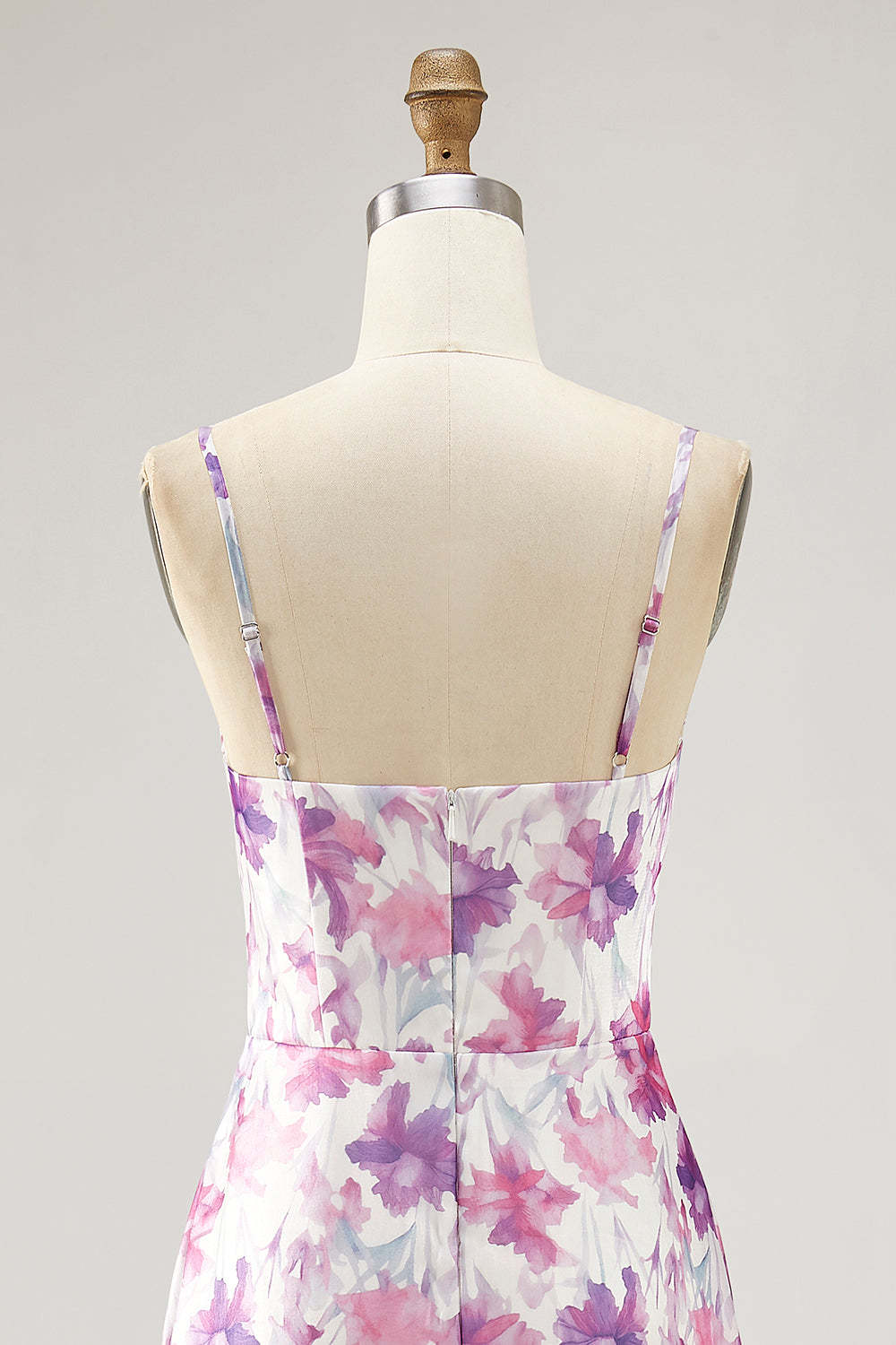 Maxi Purple Floral Chiffon Ruched Spaghetti Straps Wedding Guest Dress