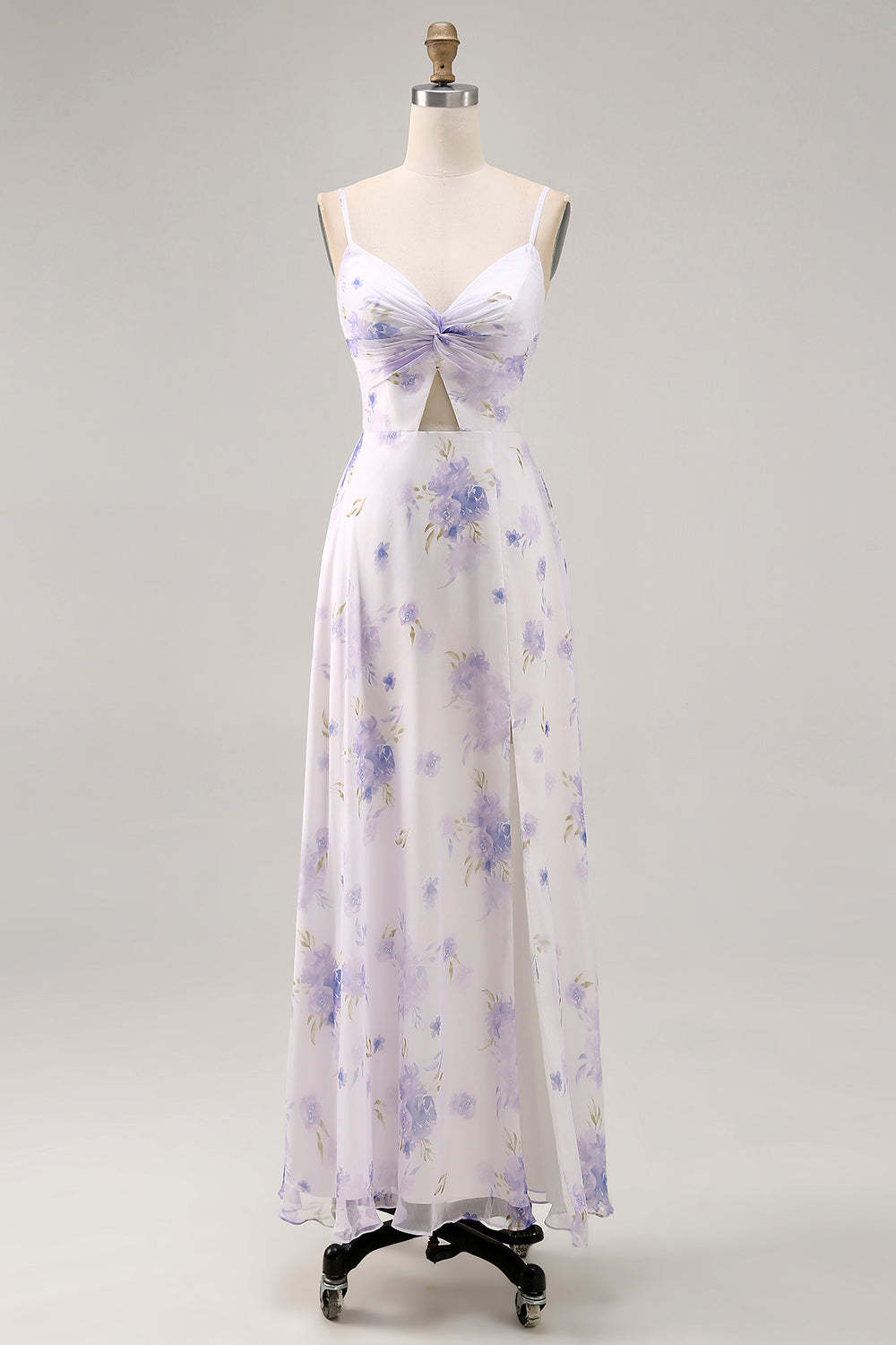 Leely Women Lavender Floral Maxi Wedding Guest Dress with Slit Chiffon Cut Out Ruched A Line Spaghetti Straps Boho Bridesmaid Dress