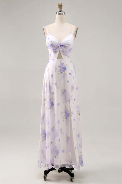 Leely Women Lavender Floral Maxi Wedding Guest Dress with Slit Chiffon Cut Out Ruched A Line Spaghetti Straps Boho Bridesmaid Dress
