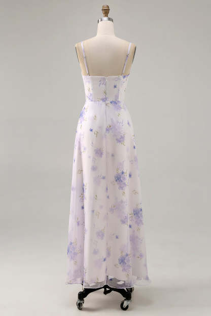 Lavender Floral Cut Out Font Twist Maxi Wedding Guest Dress with Slit