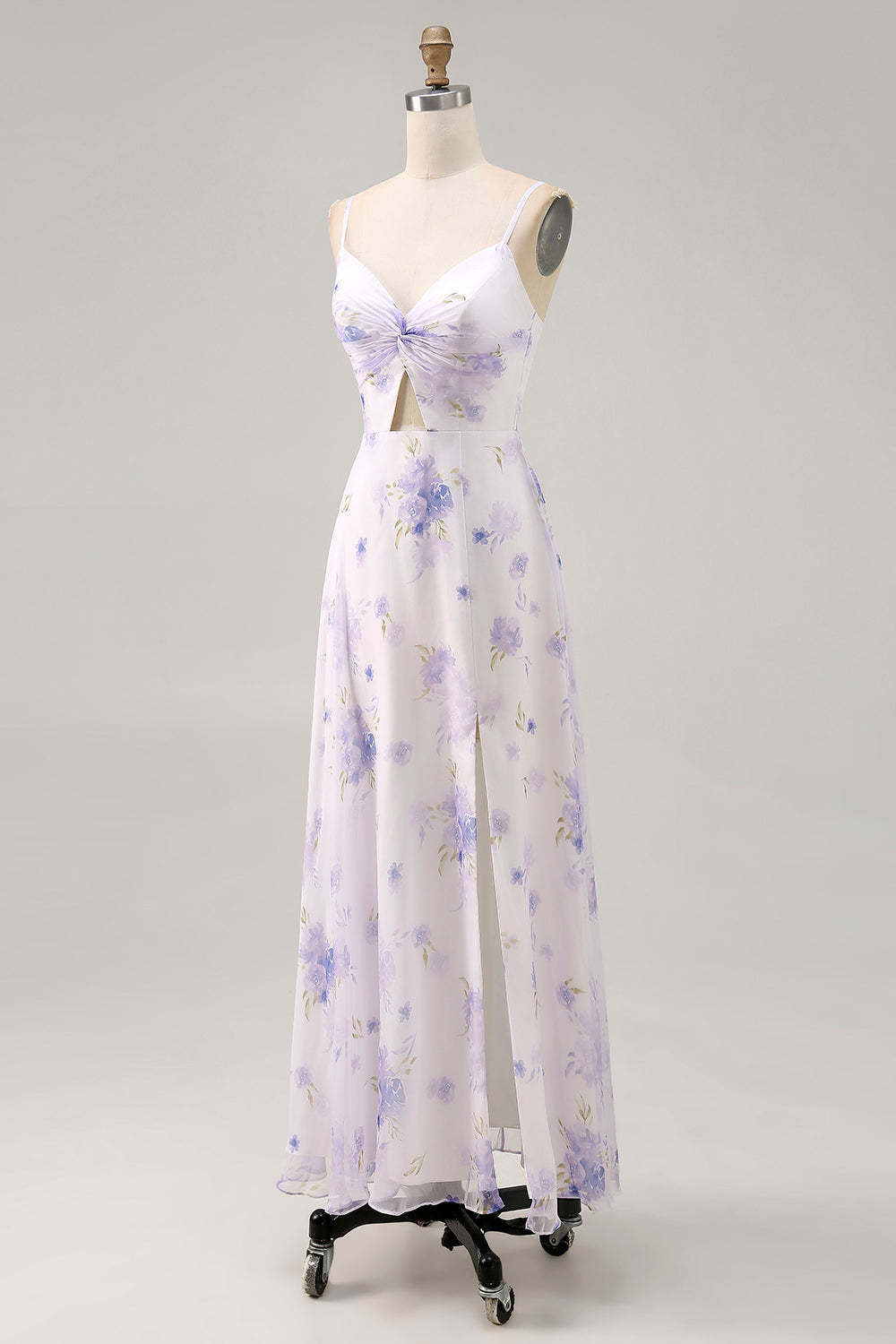 Lavender Floral Cut Out Font Twist Maxi Wedding Guest Dress with Slit