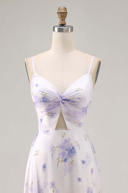 Lavender Floral Cut Out Font Twist Maxi Wedding Guest Dress with Slit