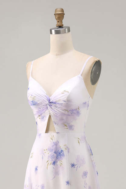 Lavender Floral Cut Out Font Twist Maxi Wedding Guest Dress with Slit