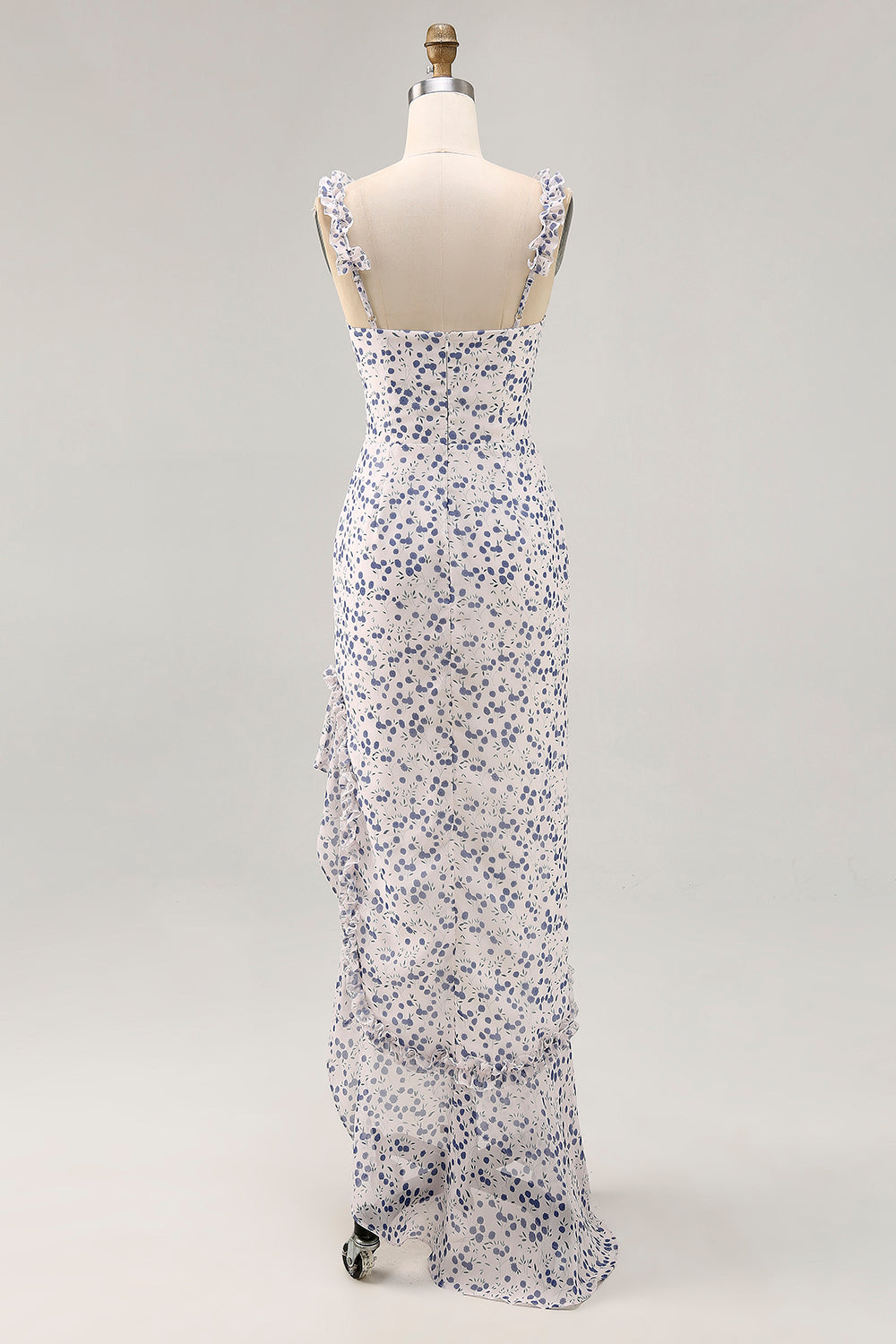 Blue Floral Chiffon Sheath Asymmetrical Wedding Guest Dress with Ruffles