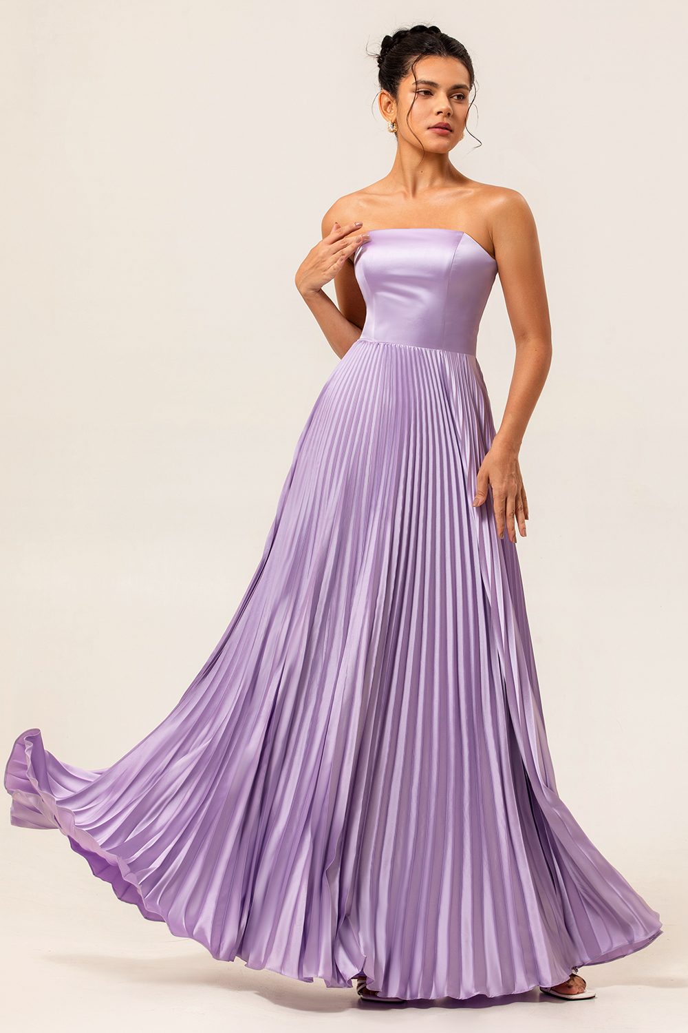 Maxi Lilac Strapless A Line Bridesmaid Dress with Pleats