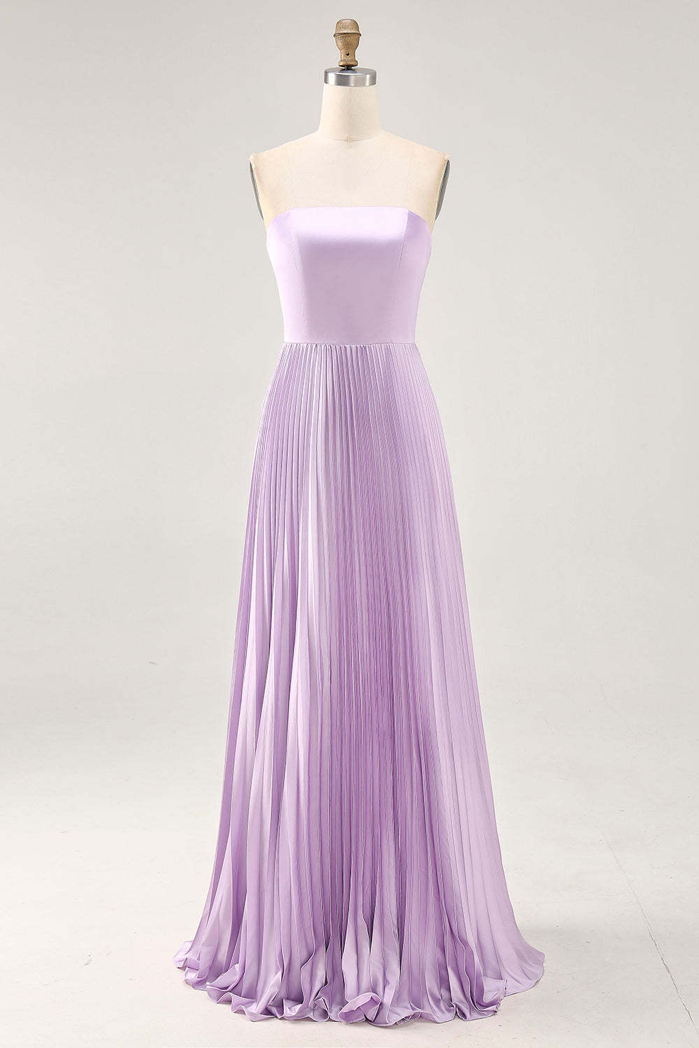 Leely Women Lilac Strapless Maxi Bridesmaid Dress with Pleats Satin A Line Lace Up Back Wedding Guest Dress