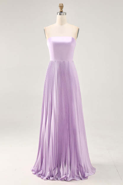 Leely Women Lilac Strapless Maxi Bridesmaid Dress with Pleats Satin A Line Lace Up Back Wedding Guest Dress