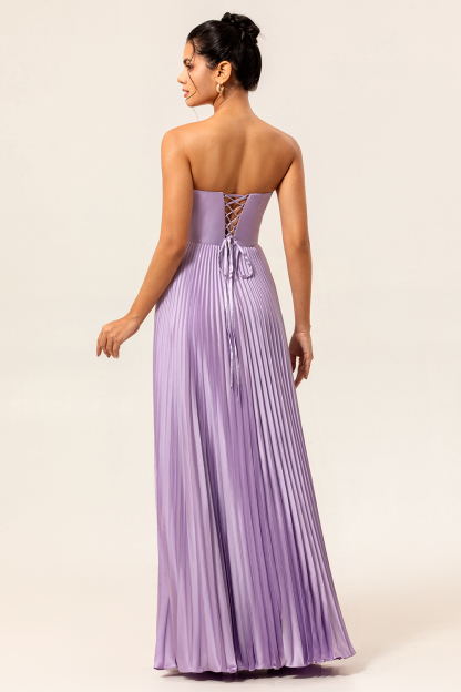 Maxi Lilac Strapless A Line Bridesmaid Dress with Pleats