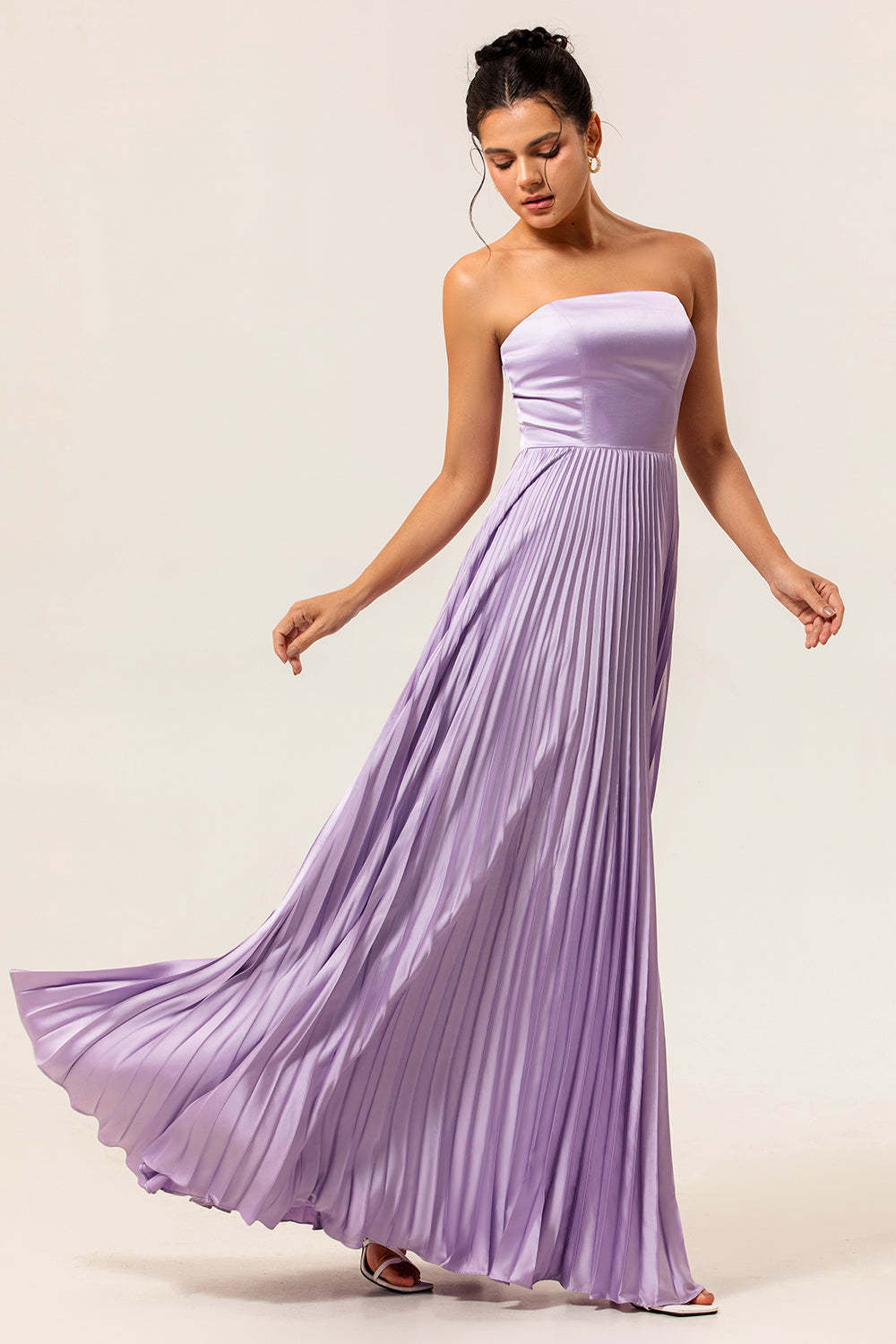 Lilac Strapless Pleated Maxi A Line Bridesmaid Dress